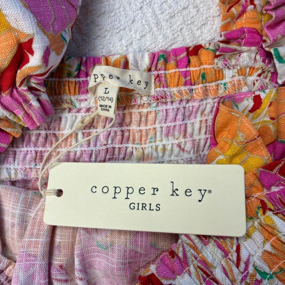 Copper Key Girls L 12/14 Tropical Floral Smocked Tiered Dress Beachy Boho NEW